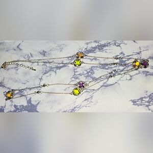 Multi-Stone Silver Tone Necklace with Green, Purple & Amber Accents